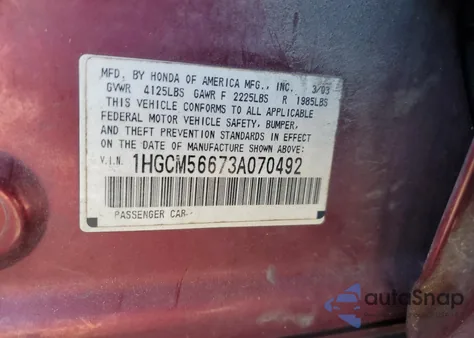 2003 Honda Accord Ex from USA, damaged, VIN 1HGCM56673A070492